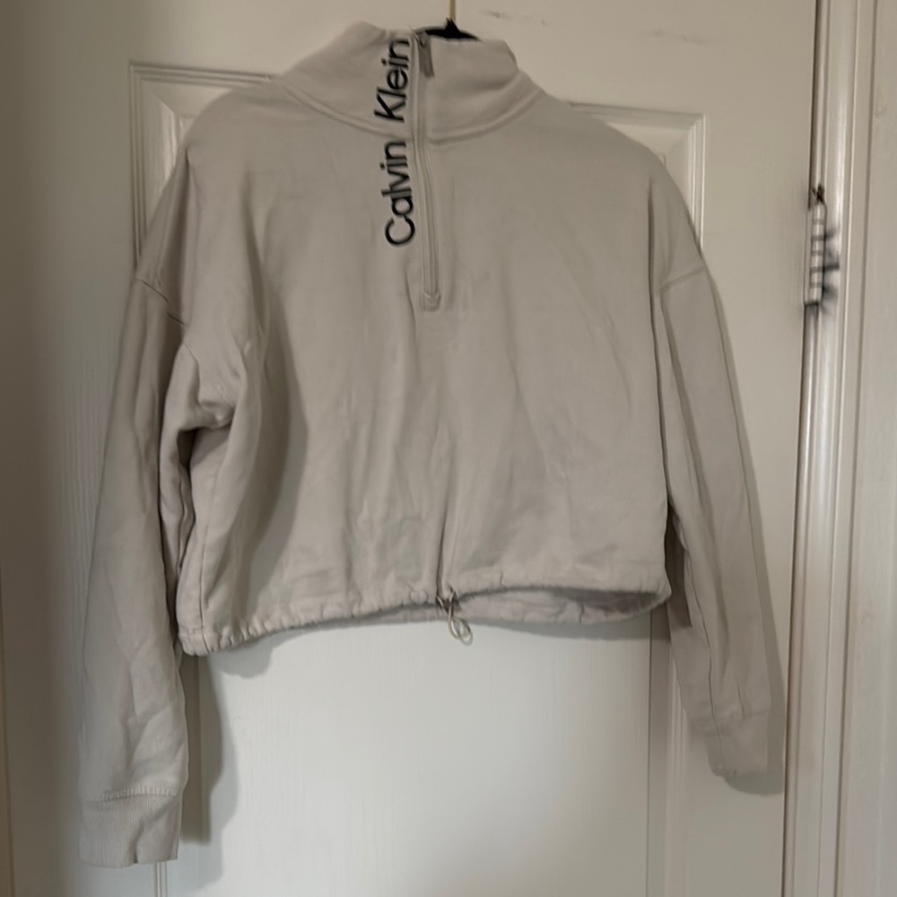 Calvin Klein Gray and White Oversized Polo Sweatshirt